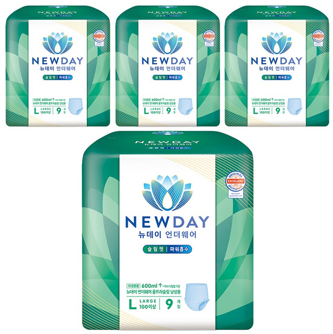 뉴데이 남성용 언더웨어 울트라슬림 성인기저귀, 대형, 9매입, 4세트