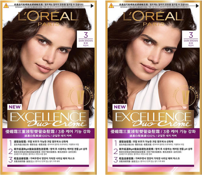 L'OREAL PARiS 巴黎萊雅 台灣公司貨 優媚霜三重護髮雙管染髮霜, 3 深棕 Excellence Duo Creme, 2組