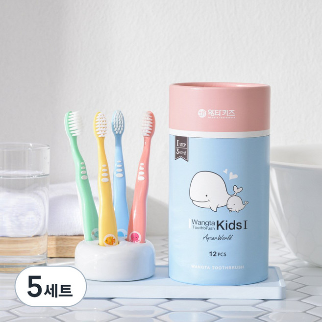 왕타 아쿠아월드 어린이 칫솔 1호, 혼합색상, 12개입, 5세트