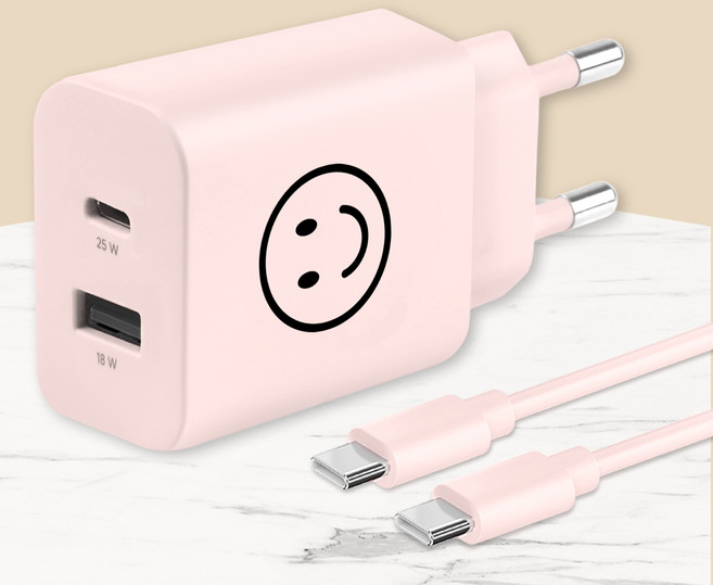 모잇 PD25W 2포트 PPS 초고속충전기 + CtoC 케이블 1.3m, 핑크 스마일, 1세트