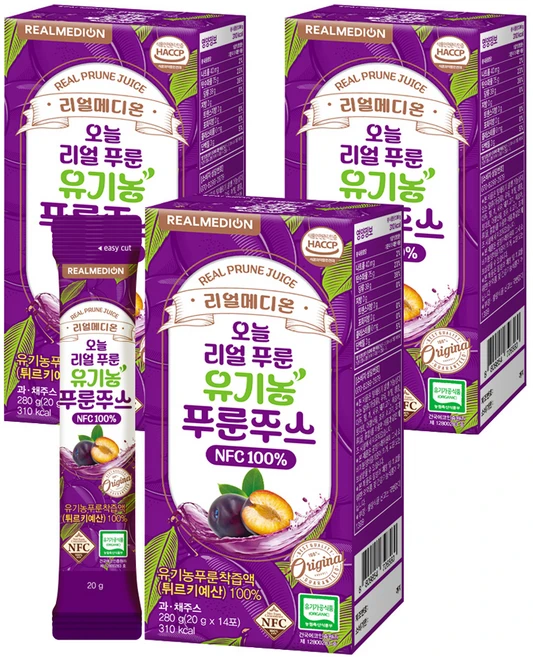 리얼메디온 오늘 리얼 유기농 푸룬주스 NFC 100% 14p, 3개, 280g - 쿠팡