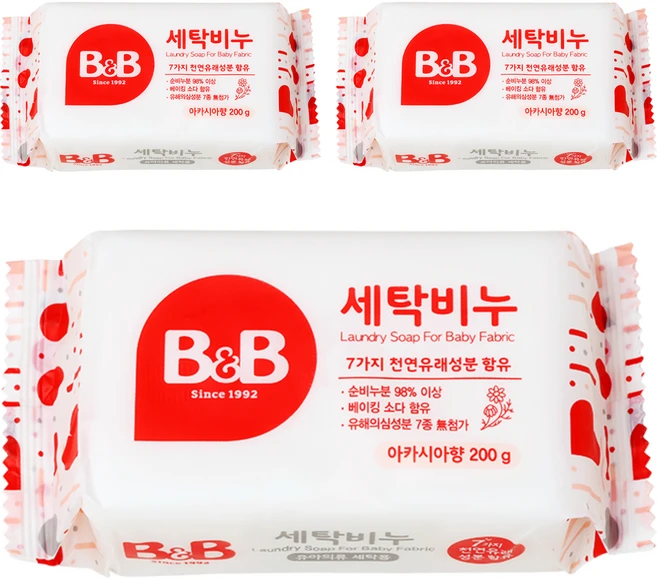 비앤비 유아의류용 세탁비누 아카시아향, 200g, 3개 - 쿠팡