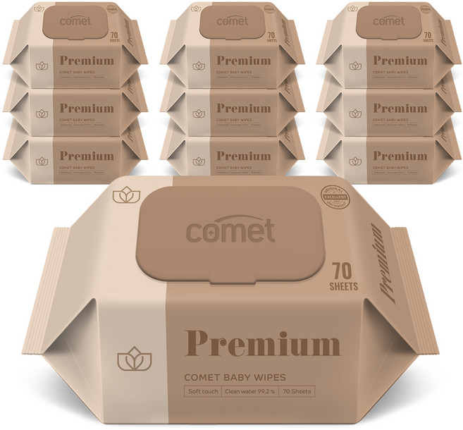 코멧 프리미엄 아기물티슈 도톰한 엠보싱 캡형 더마테스트 인증, 75g, 70개입, 10개