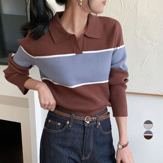 아피나르 여성용 RNP 립 쫀쫀 카라넥 스트라이프 스웨터 니트