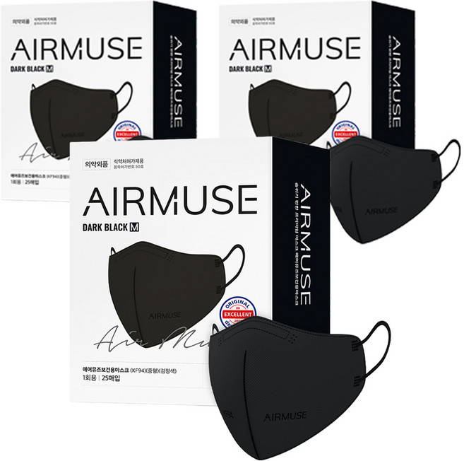 에어뮤즈 보건용 마스크 중형 KF94, 25개입, 3개, 블랙