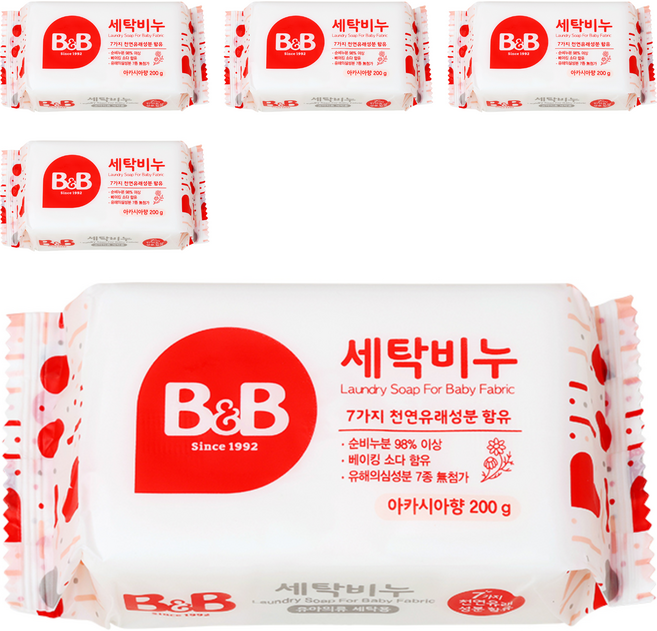 비앤비 유아의류용 세탁비누 아카시아향, 200g, 5개