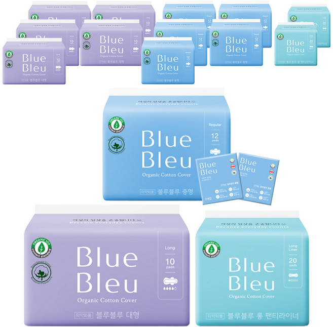 블루블루 생리대 대형 날개형 10p x 2개입 + 롱 팬티라이너 20p + 중형 날개형 12p x 2개입 + 2p x 2개입, 3세트
