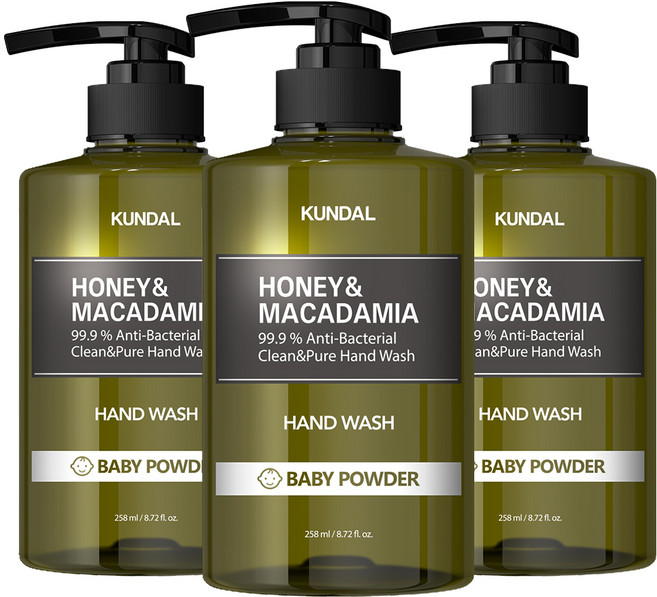 쿤달 허니 앤 마카다미아 클린 앤 퓨어 핸드워시 베이비파우더, 258ml, 3개