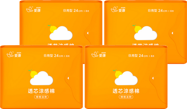 icon 愛康 透芯涼感衛生棉 檸橙派對 日用型, 24cm, 8片, 4包