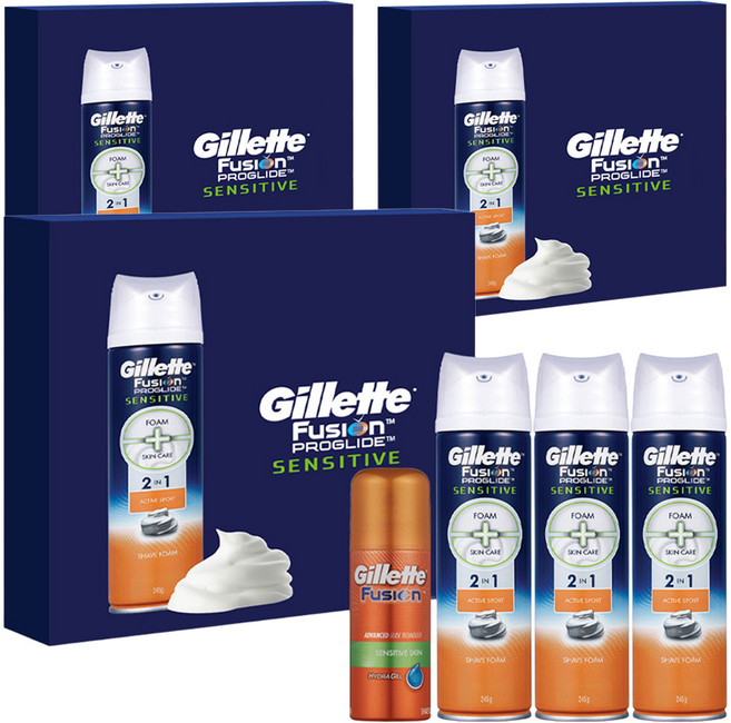 질레트 퓨전 프로글라이드 센서티브 2in1 액티브 스포츠 쉐이빙폼 245g 3개 +퓨전하이드라젤 70g 1개, 3세트