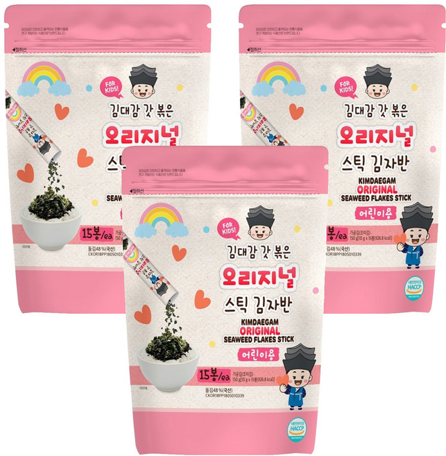 KIMDAEGAM 兒童海苔酥 原味, 150g, 3袋