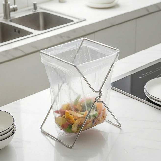 람스홈 스테인레스 접이형 주방 음식물 쓰레기 봉투 거치대, 실버, 1개