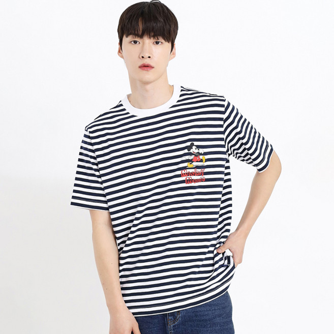 홀하우스 남녀공용 스몰 미키 스트라이프 통기성 반팔 티셔츠 HM2TSU133