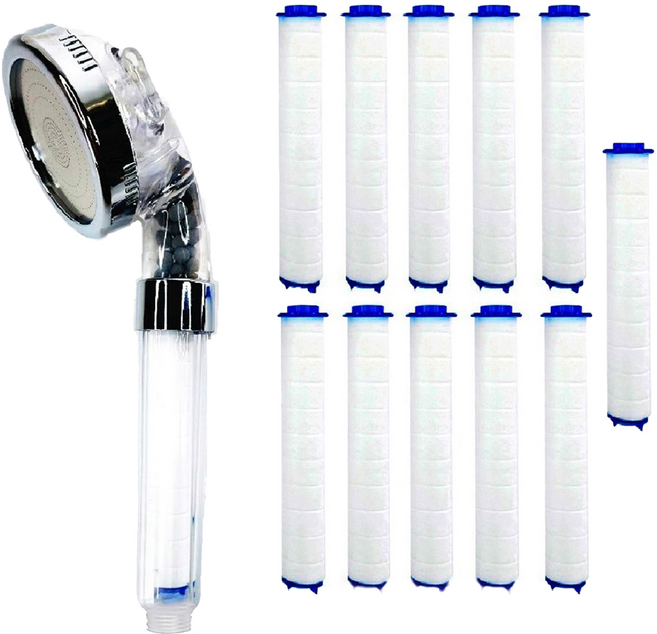 sootella 三段式過濾增壓蓮蓬頭組 含11個濾芯 - 高效纖維濾芯 精密雷射雕刻出水孔, 透明色 + 銀色, 1組