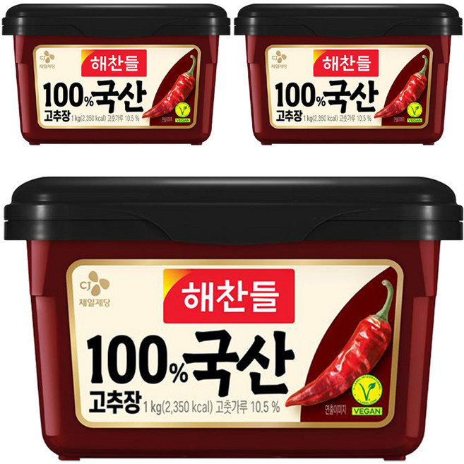 해찬들 100% 국산 고추장, 1kg, 3개