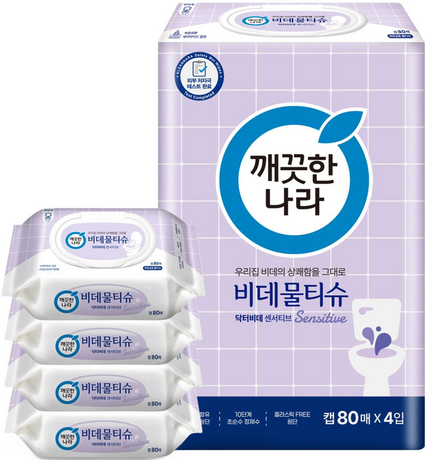 깨끗한나라 닥터비데 센서티브 화장실용 비데물티슈 캡형, 55g, 80매, 4개