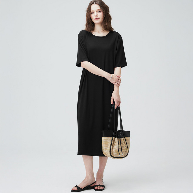 ELLEPARIS 여성용 쿨터치 쫀쫀 스트레치 립 베이직 라운드넥 반팔 원피스