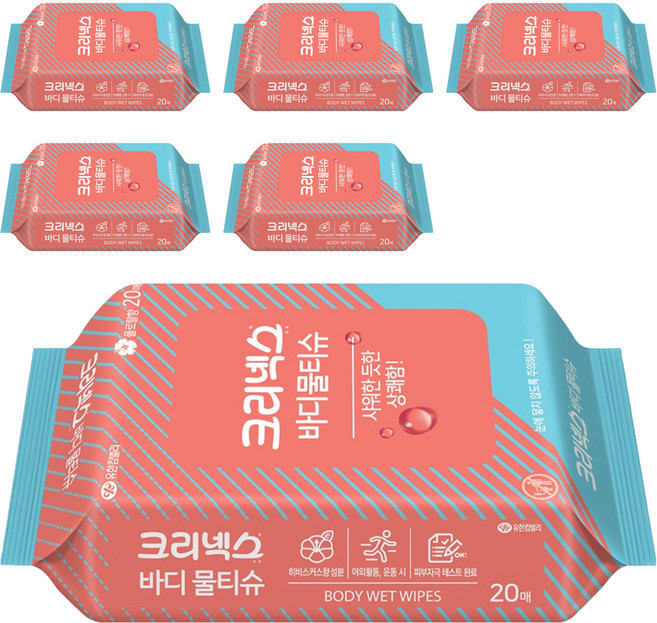 크리넥스 바디 물티슈 리필형 랜덤 발송, 20매입, 6개