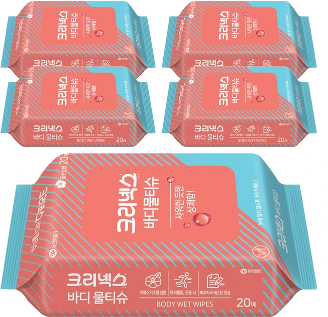 크리넥스 바디 물티슈 리필형 랜덤 발송, 20매입, 5개 - 쿠팡