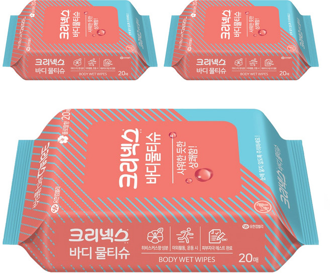 크리넥스 바디 물티슈 리필형 랜덤 발송, 20매입, 3개