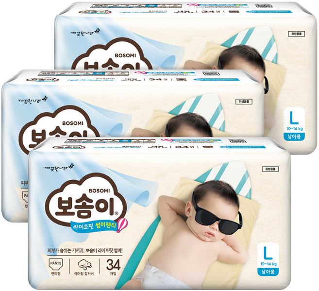 보솜이 라이트핏 썸머 팬티형 기저귀 남아용, 대형(L), 102매