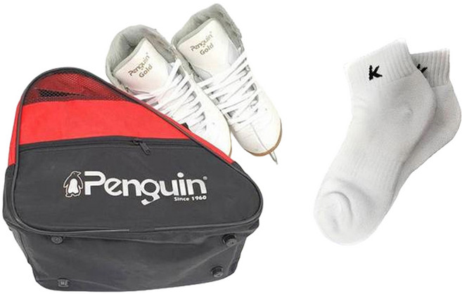PENGUIN 피겨 빙상용 스케이트 F600-GOLD + 스포츠 양말 세트, 화이트, 220