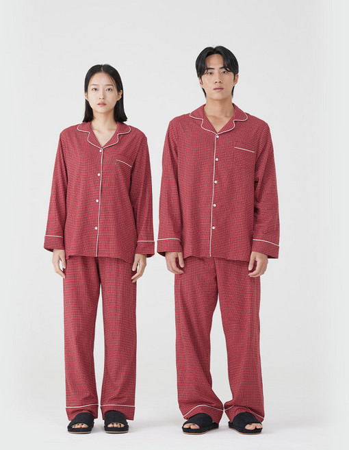 안파 커플용 체크 면 레이온 긴팔 잠옷 파자마 세트 ANPA50