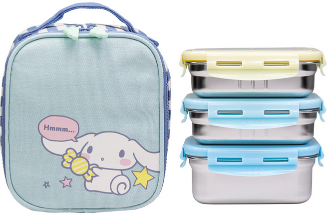 릴팡 시나모롤 스텐도시락3단 스퀘어 보온보냉가방세트, 혼합색상, 1세트