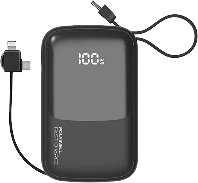 POLYWELL 寶利威爾 自帶線快充行動電源 20W 10000mAh USB-A Type-C Lightning, PW15-T16-A004, 黑色