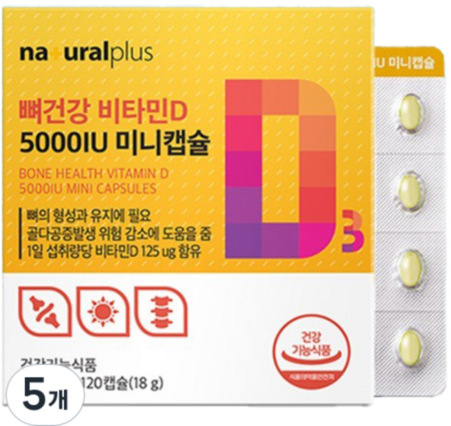 내츄럴플러스 뼈건강 비타민D 5000IU 미니캡슐 18g, 5개, 120정