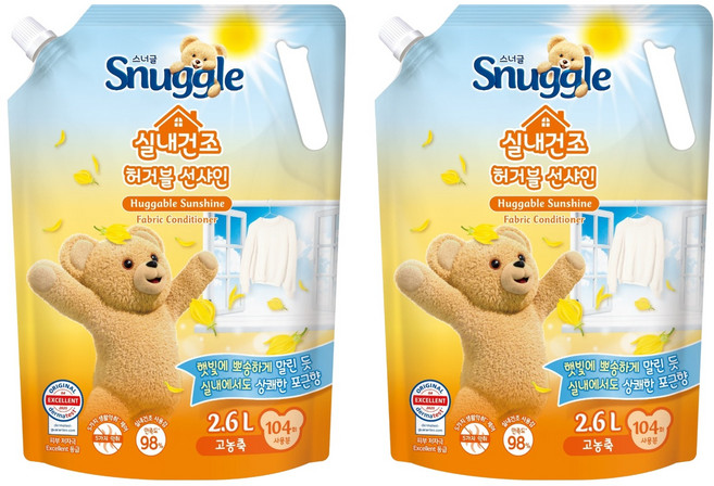 스너글 실내건조 섬유유연제 허거블 선샤인 리필, 2개, 2.6L