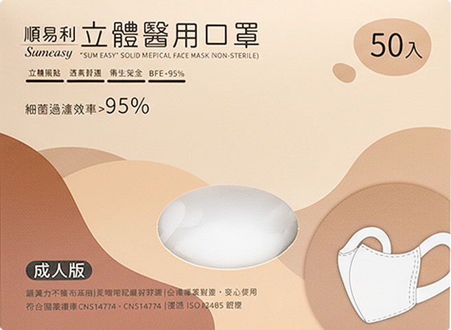 順易利 成人3D立體口罩寬耳帶, 50片, 白色, 1盒