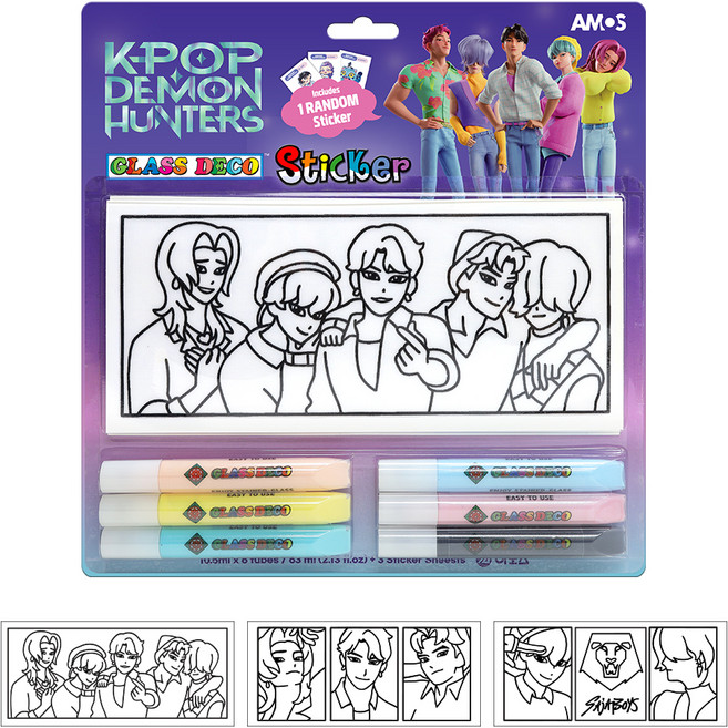 아모스 케이팝 데몬 헌터스 사자보이즈 글라스데코 10.5ml x 6종 + 씰 스티커 + 스티커 3p 세트, 혼합색상(데코,스티커), 랜덤발송(씰스티커), 1세트