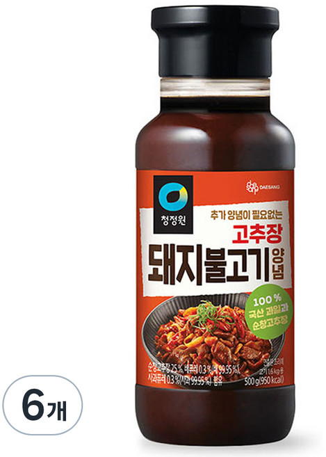 청정원 고추장 돼지불고기 양념, 500g, 6개