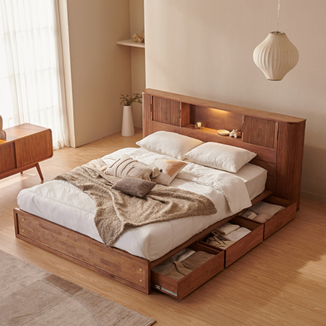 잉글랜더 웨스트 원목 템바보드 LED 수납 침대 프레임 + Sweet Slumber 9존 포켓스프링 매트리스 세트 방문설치, 월넛 + 화이트