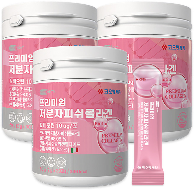 코오롱제약 프리미엄 저분자 피쉬 콜라겐 30p, 60g, 3개