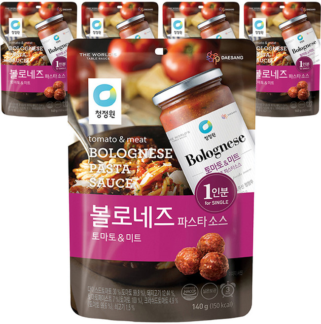 청정원 싱글 파우치 볼로네즈 파스타 소스, 5개, 140g