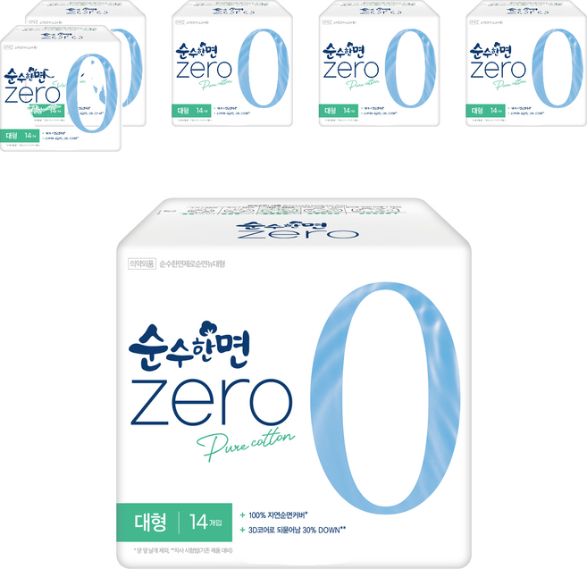 순수한면 제로 생리대 날개형, 대형, 14개입, 6개