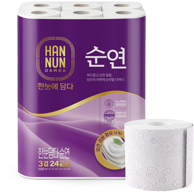 한눈담다 순연 프리미엄 3겹 고평량 와이드 천연펄프 로션 화장지, 1개, 24롤, 30m