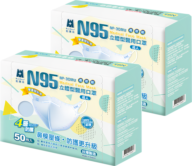 BLUE EAGLE 藍鷹牌 成人N95立體型醫用口罩 鼻樑壓條款, 藍色, 50片, 2盒
