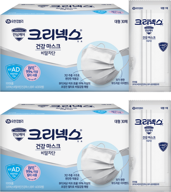 크리넥스 비말차단 건강 마스크 대형 KFAD, 30개입, 2개, 화이트
