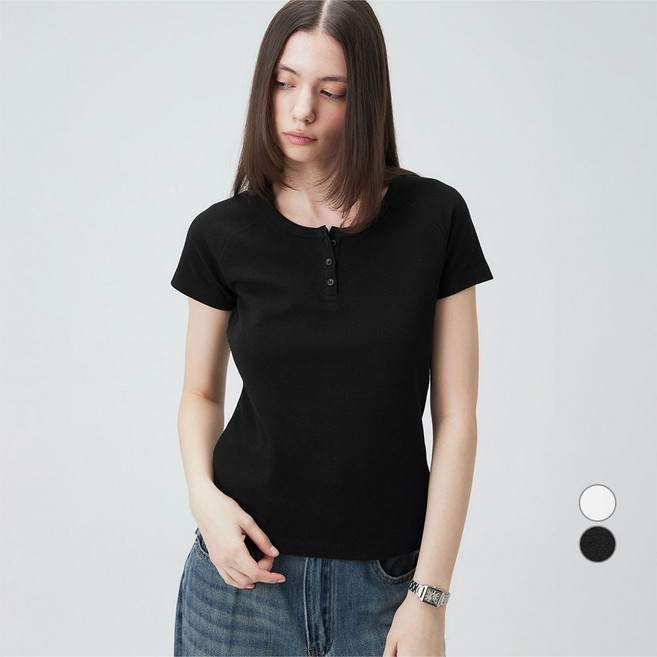 ELLEPARIS 여성용 통기성 미니와플 스트레치 헨리넥 반팔 티셔츠