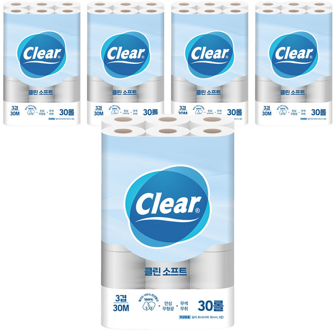Clear 3層潔淨柔軟天然紙漿衛生紙, 30m, 30捲, 5套