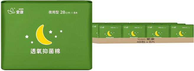 icon 愛康 透氧抑菌棉 衛生棉, 夜用型(28cm), 8片, 48包