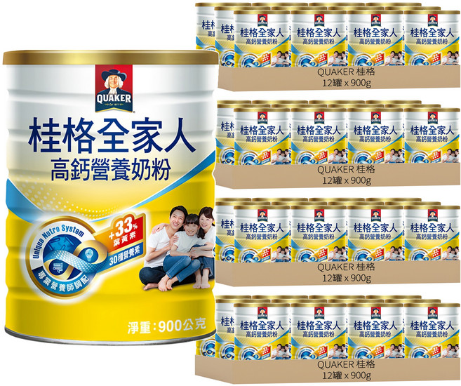 QUAKER 桂格 全家人高鈣奶粉, 900g, 48罐