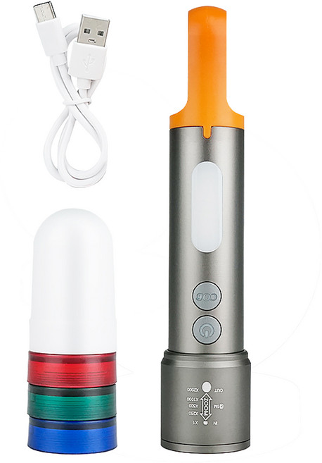 RONEVER 充電式多功能手電筒 附充電線 + 變色燈罩 3個 + 白色燈罩 PA-GT20-1 160 x 33 x 33mm 130g, 鐵灰色, 1支