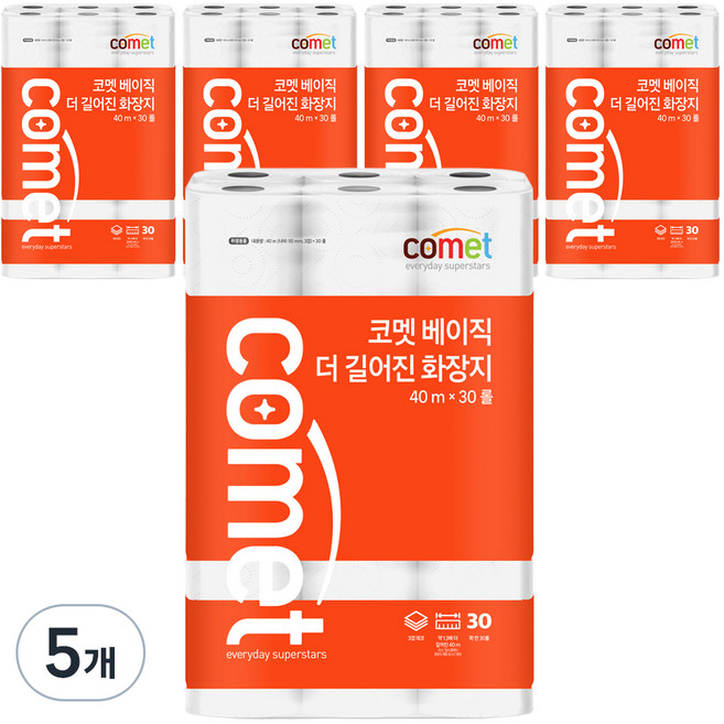 코멧 베이직 더 길어진 화장지 3겹 40m, 30개입, 5개