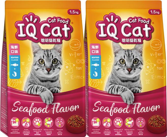 IQ Cat 聰明貓 成貓用 乾糧, 1.5kg, 2袋, 海鮮口味