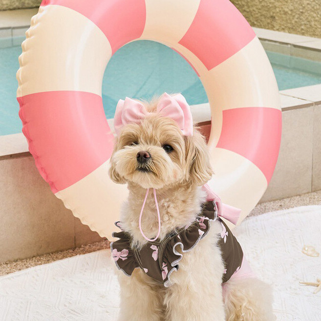 퍼피드림 강아지 리본 프릴 원피스 수영복 10054, 브라운, 1개