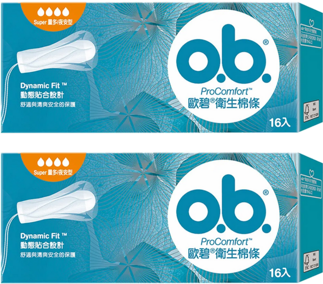 o.b. 歐碧 衛生棉條, 量多夜安型, 16個, 2盒